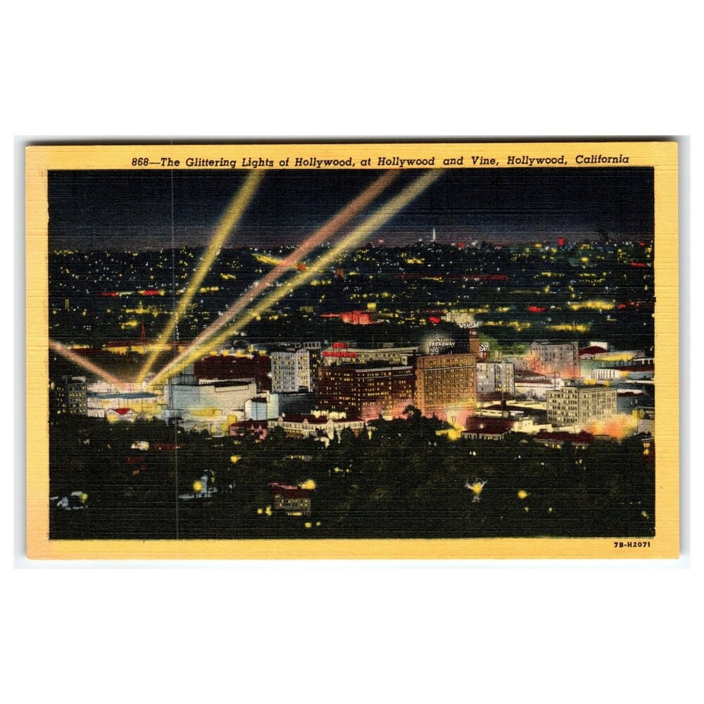 Hollywood & Vine Glittering Lights Linen Postcard CA 1930s-40s City View